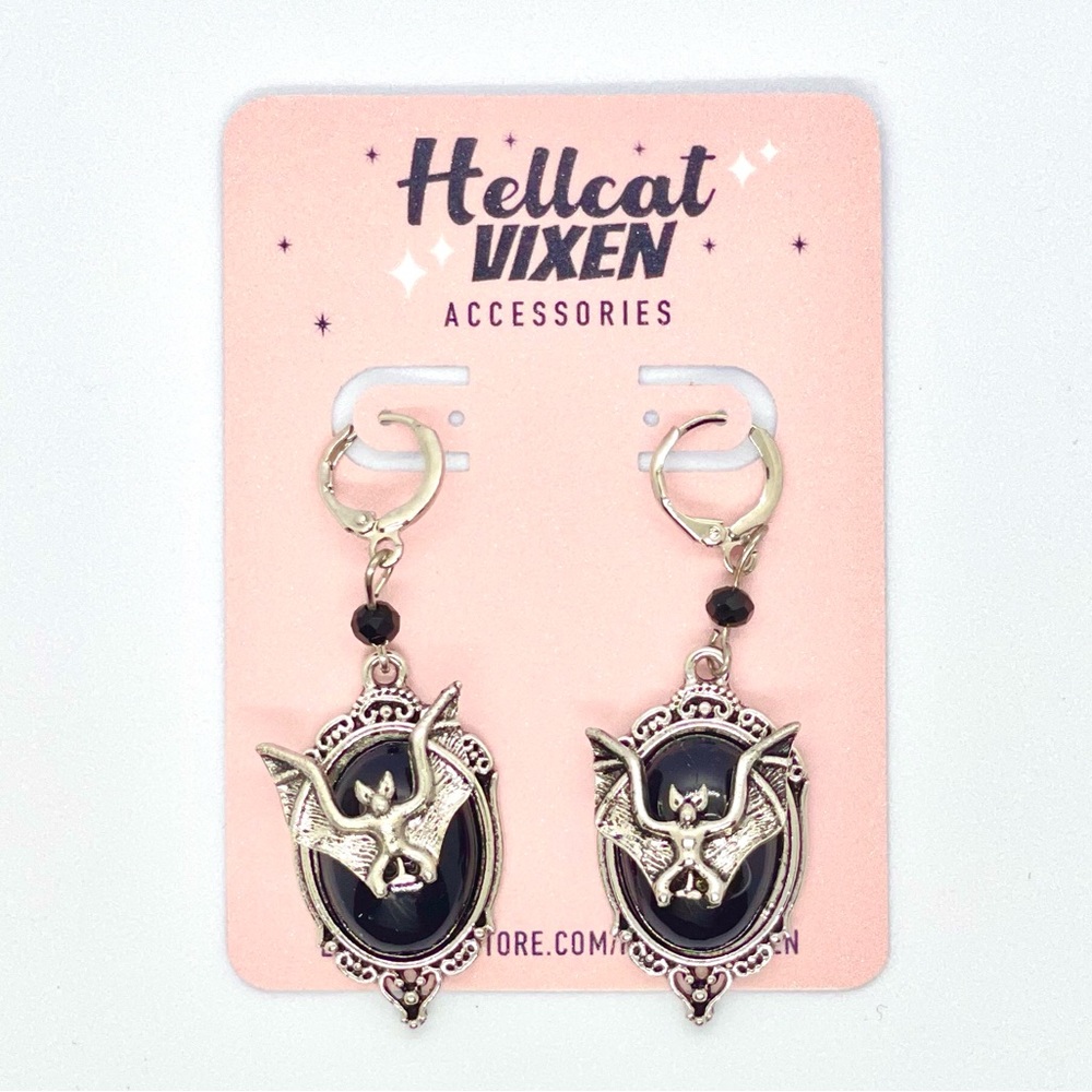 Vintage Antiqued Cameo Bat Gothic Dangling Earrings - Picture 8 of 10